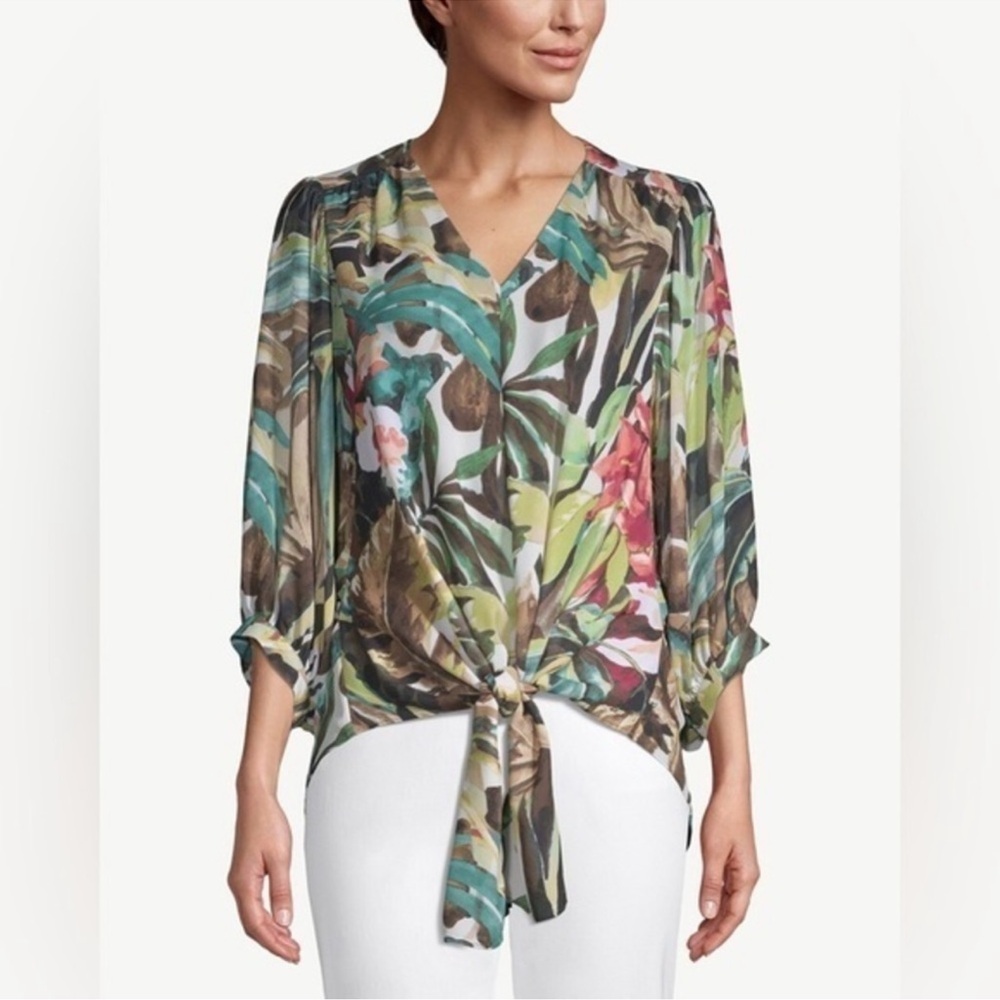 Chico's Tropical Tie-Front V-Neck Blouse - Green Multi